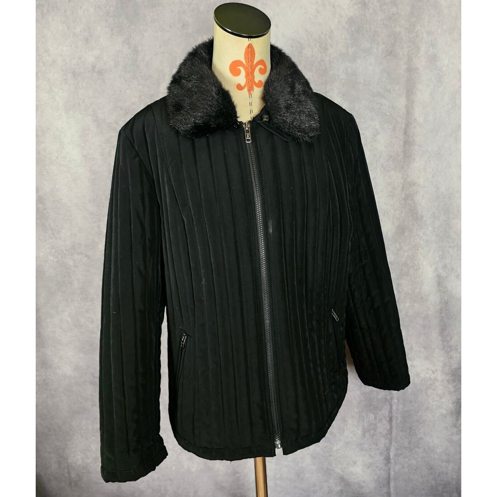 ESPRIT Outerwear Women's XL Quilted Lined Full Zip Jacket Faux Fur Collar Black